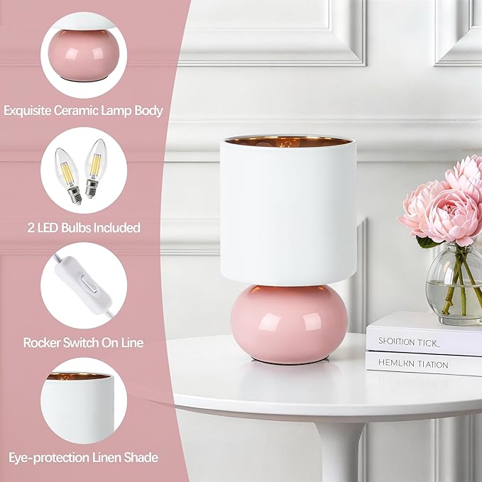 Hamucd Ceramic Table Lamps Set of 2, Modern Classic Bedside Lamps for Nightstand, Small Table Lamp for Bedroom Living Room Desk End Table (Pink)