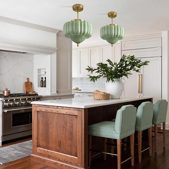 Green Glass Pendant Light, 11.8 inch Pendant Light Fixture with Floral lampshade, Height Adjustable Brushed Gold Vintage Hanging Lamp for Dining Room Kitchen Island Bedroom Living Room Entryway