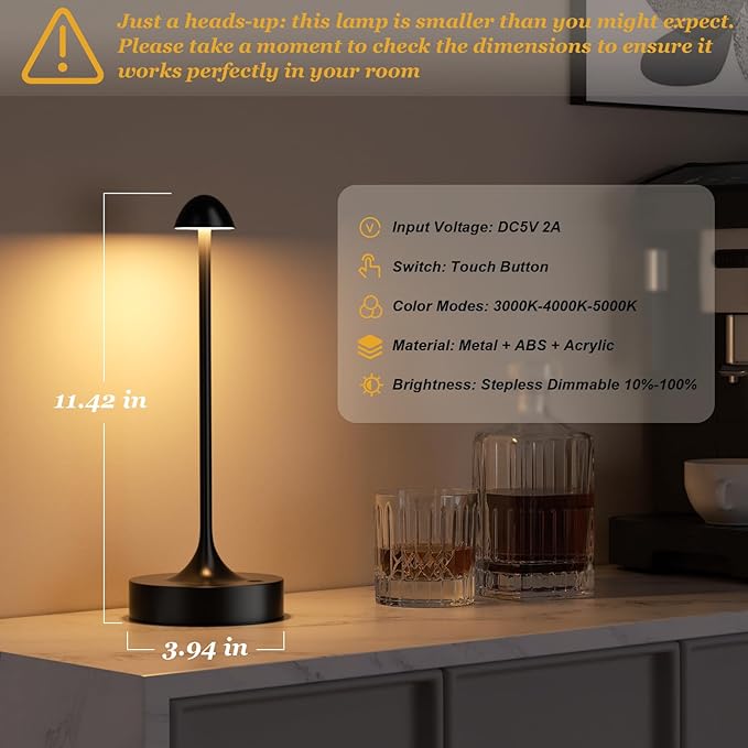 Kakanuo Rechargeable Cordless Table Lamp, Battery Operated Lamps, 3-Color Stepless Dimming, Portable Wireless Desk Lamp, LED Lighting for Dining Room, Restaurant, Office, Bar, Home(Black 2 Pack)