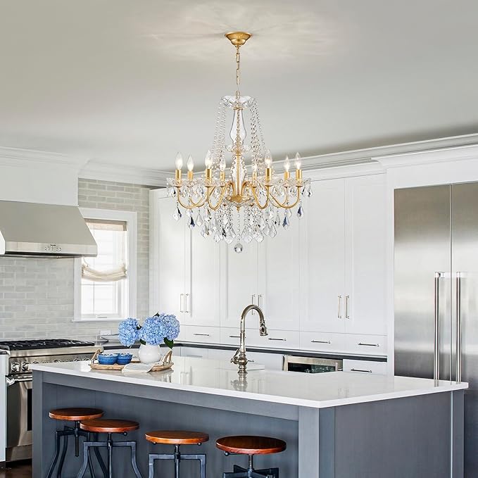 Gold Crystal Chandelier, 8-Light Crystal Chandeliers for Dining Room Light Fixture, Crystal Pendant Ceiling Light Modern Gold Lighting Fixture for Living Room Hallway Foyer Bedroom Kitchen Bathroom
