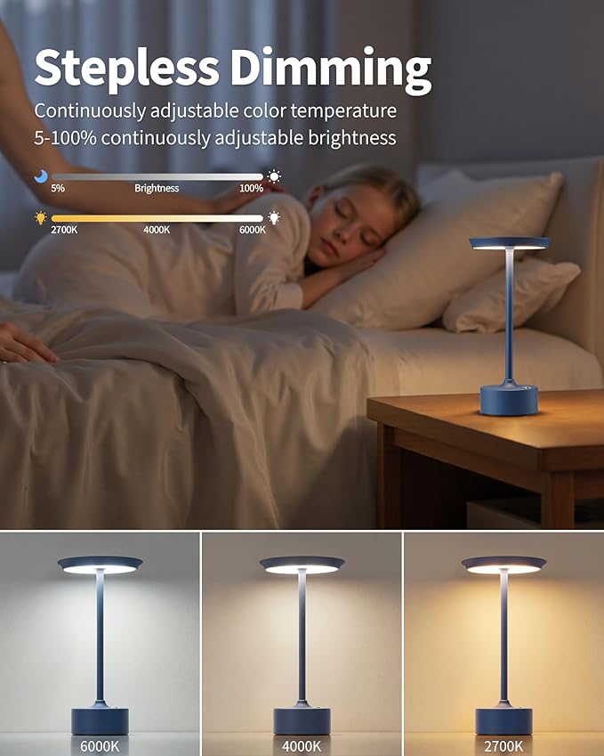 PUSU Rechargeable Table Lamps Set of 2, Blue Cordless LED 4000mAh Battery Desk Lamp, Stepless Dimming & 3 Color 2700K-6000K, Portable Lamp for Bedroom, Living Room, Restaurant, Outdoor, Night Light