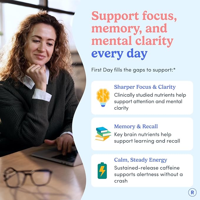 Gummies FIRST DAY pour le cerveau des femmes, pour la concentration, la mémoire et la clarté | Cognizin® Citicoline + Phosphatidylsérine | Énergie naturelle durable, saveur pêche, végétalien, sans OGM | 30 jours de traitement
