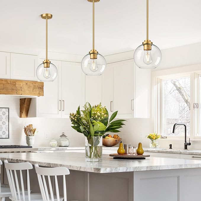 1 Pack 22"-50" Height Adjustable Glass Pendant Lights Kitchen Island, Globe Brushed Gold Pendant Lights with Clear Glass Shade, Mid Century Pendant Light Fixtures Kitchen Pendant Lighting over Island
