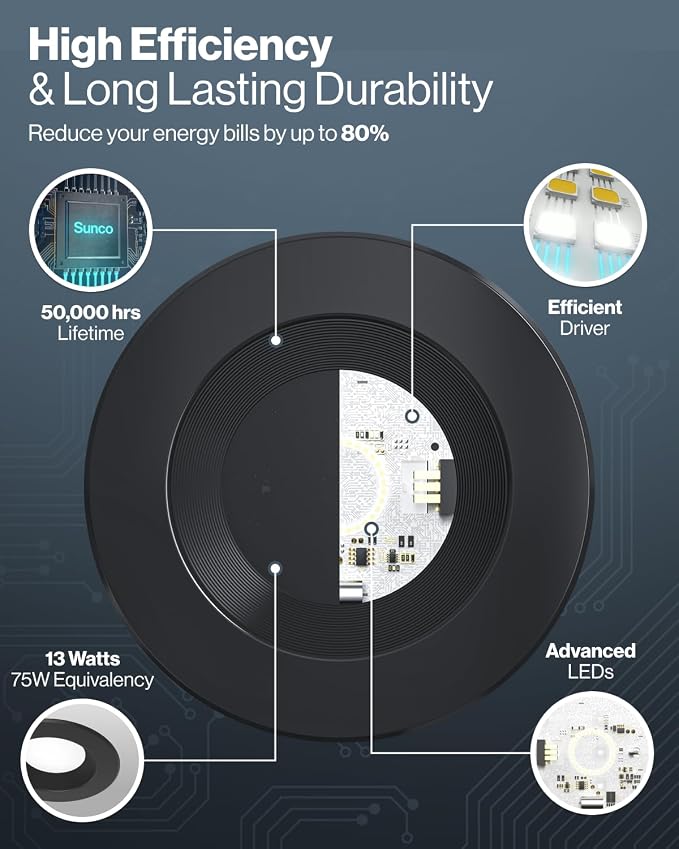 Sunco 24 Pack 5CCT Black LED Recessed Lighting 6 Inch, 2700K/3000K/3500K/4000K/5000K Selectable, Dimmable Can Lights, Baffle Trim, 13W=120W, 965 LM, Damp Rated, Retrofit Installation - UL Listed