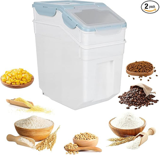 Rice Storage Container 55 lbs, Airtight Flour Storage Container w/ 6 Snaps & Silicone Seal, Slanted Open & Clear Lid, 2 Wheels for Easy Move,Food & Cereal Storage,Cooking 2-Pack w/ Measuring Cup Blue