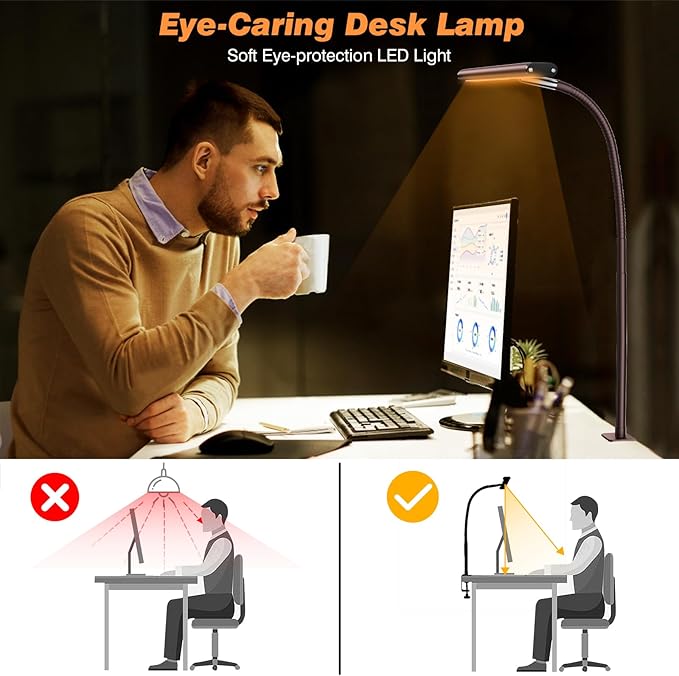 Airlonv LED Desk Lamp for Office Home, Eye-Caring Desk Light with Stepless Dimming Adjustable Flexible Gooseneck, 10W USB Adapter Desk Lamp with Clamp for Reading, Study, Workbench (Brown)