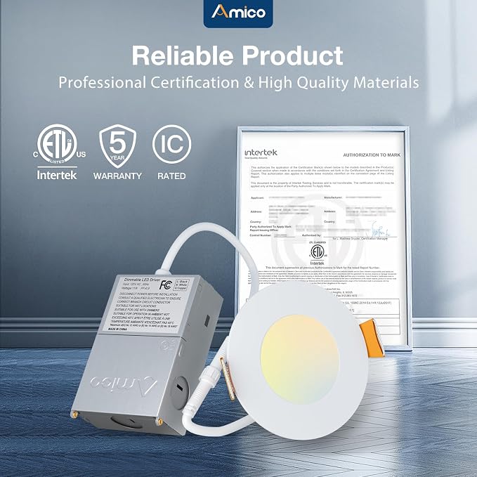 Amico 12 Pack 3 Inch 5CCT Ultra-Thin LED Recessed Ceiling Light with Junction Box, 2700K/3000K/3500K/4000K/5000K Selectable, 7W Eqv 60W, Dimmable Canless Wafer Downlight, 500LM High Brightness -ETL