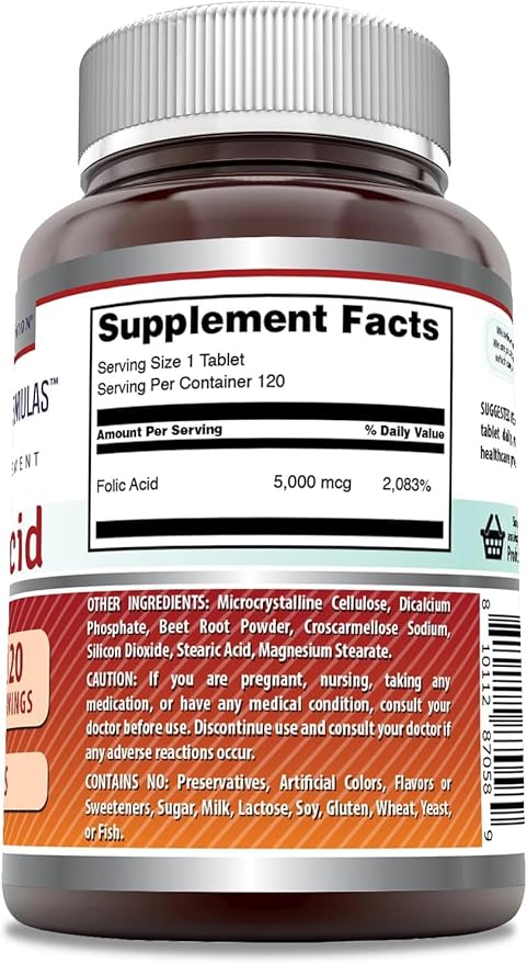 Amazing Formulas Folic Acid 5000 Mcg per Serving | Tablets Supplement | Non-GMO | Gluten-Free | Made in USA (3 Pack | 120 Count)