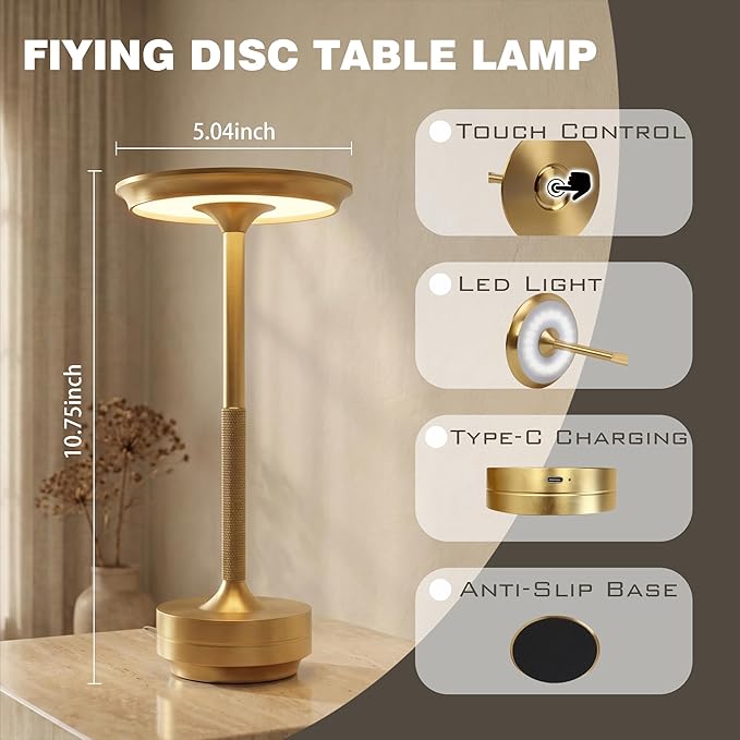 Rechargeable Cordless Table Lamp Set of 2, Portable Battery Operated LED Table Light, 3 Color Stepless Dimming with Touch Sensor & Memory Function for Outdoor Camping Patio café Restaurant Bars, Gold