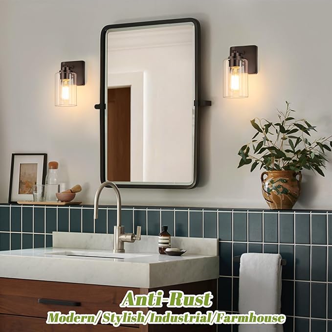 VerRon Set of 2 Wall Sconces for Bathroom, Modern Vanity Light Fixtures, Oil Rubbed Bronze Mount Lighting Lanterns, Farmhouse Wall Lights with Clear Glass Shade for Bedroom Living Room Mirror Hallway
