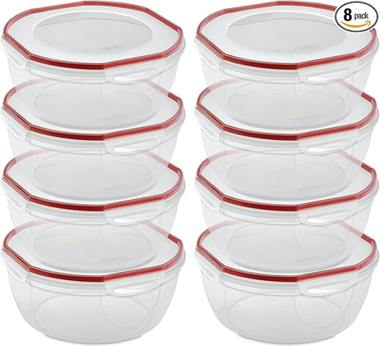 Sterilite Ultra-Seal 8.1 Qt Bowl, Large Airtight Food Storage Container, Latching Lid, Microwave and Dishwasher Safe, Clear With Red Gasket, 8-Pack
