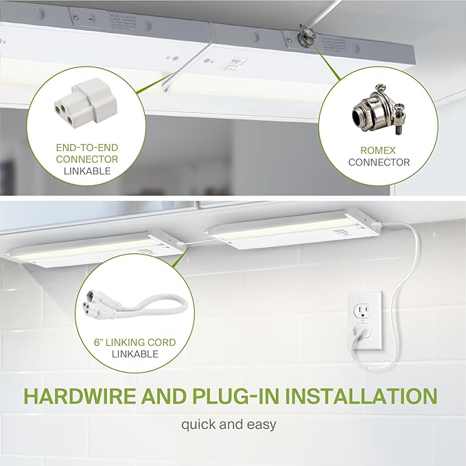 ASD Swivel LED Under Cabinet Lighting Plug in or Hardwired 12 Inch, Dimmable Under Cabinet Lights with High/Low/Off Switch, 3CCT 2700K-4000K, Linkable Under Counter Lights for Kitchen, White, ETL