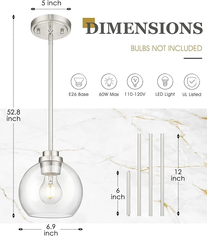 Pendant Lights Kitchen Island, 7" Modern Brushed Nickel Hanging Lights Fixtures with Clear Glass Globe Shade, Kitchen Island Lighting for Bathroom, AD-22280-1P-SN-C