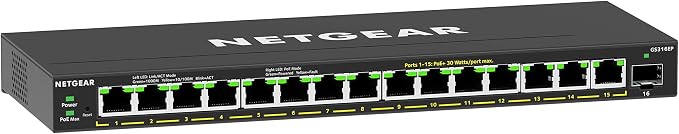 NETGEAR 16-Port PoE Gigabit Ethernet Easy Smart Essentials Switch (GS316EP) - Managed, with 15 x PoE+ @ 180W, 1 x 1G SFP Port, Desktop or Wall Mount