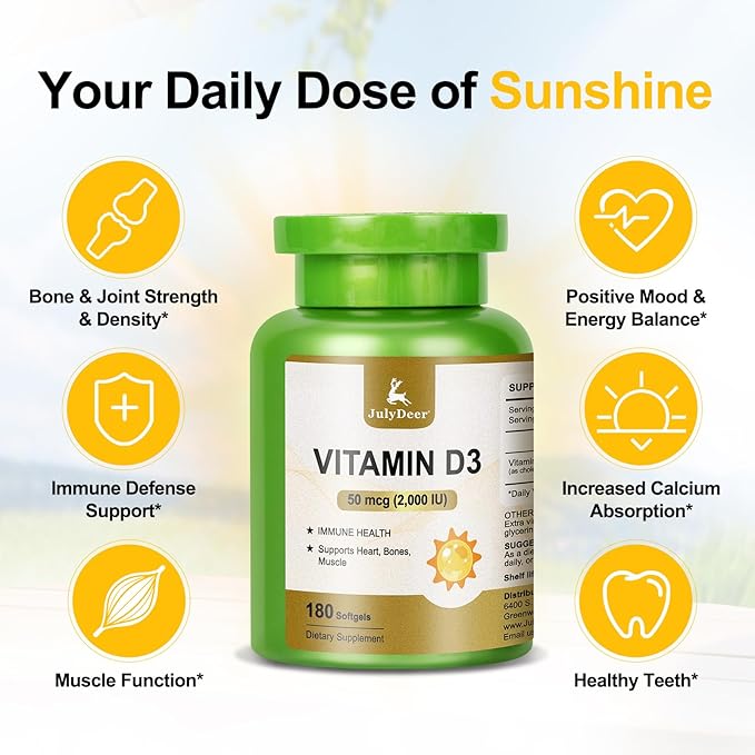 Vitamine D3 2000 UI (50 mcg) 180 gélules | Soutient la santé immunitaire, l'absorption du calcium et la solidité des os | Essentielle pour des os sains, sans gluten, 1 portion par jour pour la santé quotidienne