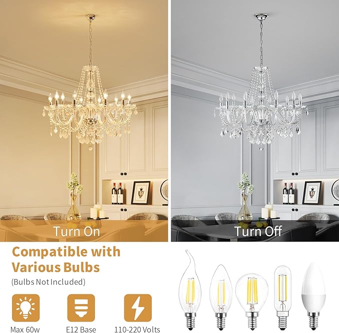 Large Crystal Chandelier, Modern Chrome Crystal Chandeliers for Dining Room Light Fixture, 10-Lights Large Pendant Light Fixtures Luxury Chandelier for Living Room Bedroom Foyer Entryway D26.8''