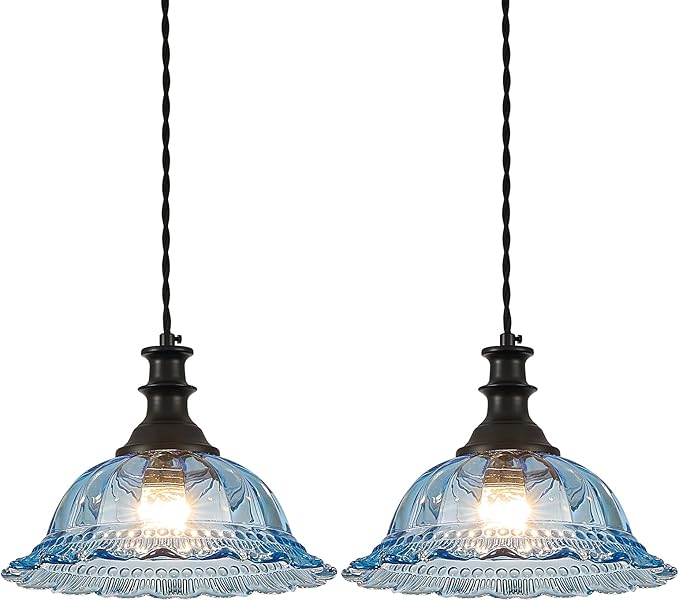 HDDFL Glass Pendant Lights Modern Pendant Lighting Fixtures Hanging Lamp for Kitchen Island Bedroom Dining Room Coffee Shop Hallway Blue and Black 2 Pack