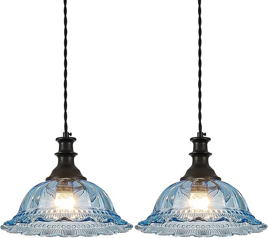 HDDFL Glass Pendant Lights Modern Pendant Lighting Fixtures Hanging Lamp for Kitchen Island Bedroom Dining Room Coffee Shop Hallway Blue and Black 2 Pack