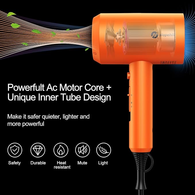 Slopehill Professional Ionic Hair Dryer, Powerful 1800W Fast Drying Low Noise Blow Dryer with 2 Concentrator Nozzle 1 Diffuser Attachments for Home Salon Travel (Cosmic Orange)