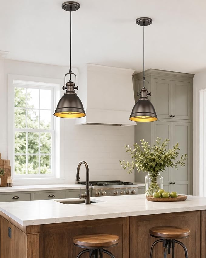 2-Pack Pendant Lights Kitchen Island, 8" Farmhouse Hanging Lights Fixtures with Metal Shade, Rustic Kitchen Pendant Lighting Over Island for Dining Room, Oil Rubbed Bronze, AD-2151-2PM-ORB