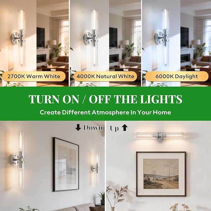 Wall Sconces 2-Pack, Hardwired Bathroom Light Fixtures, Modern Farmhouse Vanity Wall Lighting with Clear Glass Shades, E26 Base Wall Sconce Wall Lights for Bathroom Wall Decor, Brushed Nickel