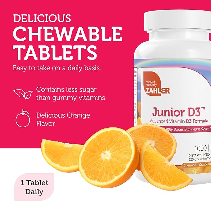 Zahler Junior Vitamines D3 1000 UI - pour Enfants - Vitamine D pour Enfants pour Soutenir la Santé des Os, des Dents et du Système Immunitaire - Saveur Orange Casher - 120 Comprimés.