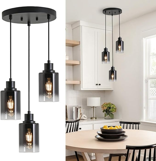 3-Light Black Pendant Lighting, Adjustable Modern Pendant Lights for Kitchen Island, Industrial Cluster Hanging Lights for Dining Table Hallway Bedroom Living Room