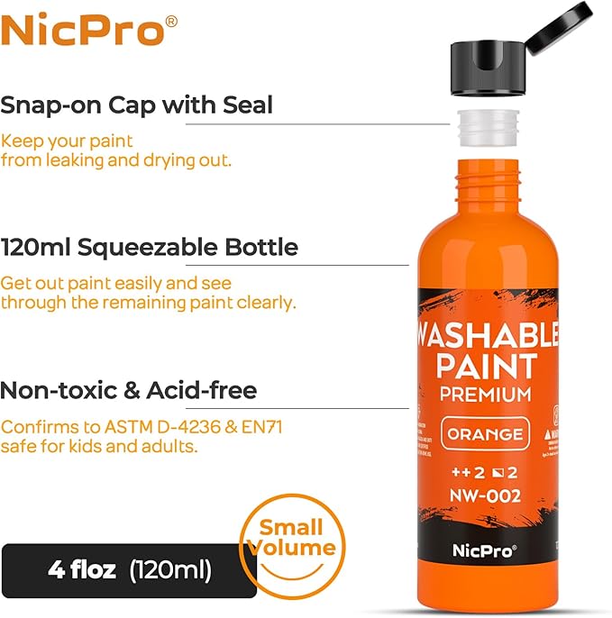 Nicpro 6 Colors Fluorescent Washable Paint Set for Kid (4 oz, 120ml), Glow in the Black Light, Non Toxic Neon Tempera Paints for Art, Craft DIY, Poster & Finger Paint, School, Home, Classroom, Party