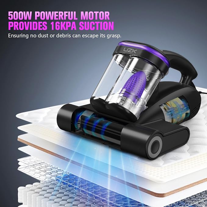 Bed Vacuum Cleaner Mattress Vacuum Cleaner,16Kpa Powerful Handheld Vacuums with UV-C Light & Double Dust Cup & High Heating & Ultrasonic & HEPA Filter for Bed Sofa(Corded,Midnight Purple)