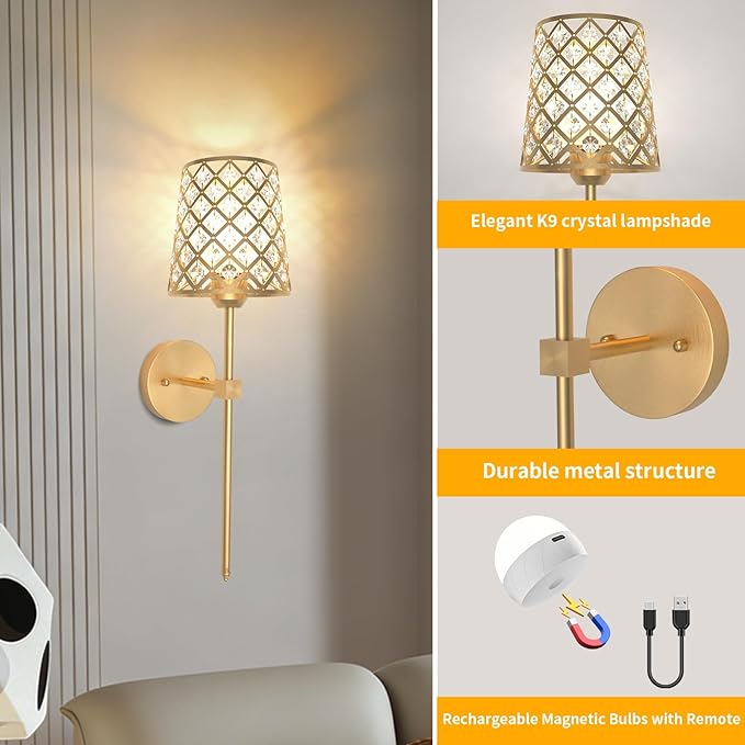 Crystal Battery Operated Wall Sconces Set of 2, Gold Rechargeable Wireless Wall Sconce Lights for Home Decor, Dimmable 12 RGB and 3CCT Wall Lamps with Remote for Living Room Bedroom Hallway