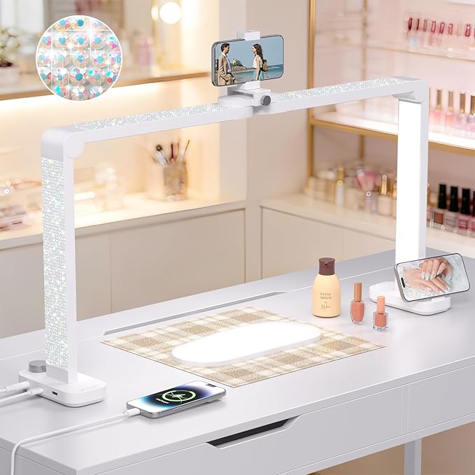 Half Moon Light for Nail Desk, 34“ Large Square Nail Lamp for Desk with Phone Holder, Professional Manicurist Desktop Lamp, LED Light Suitable for Manicures, Tattoos, White with Rhinestones