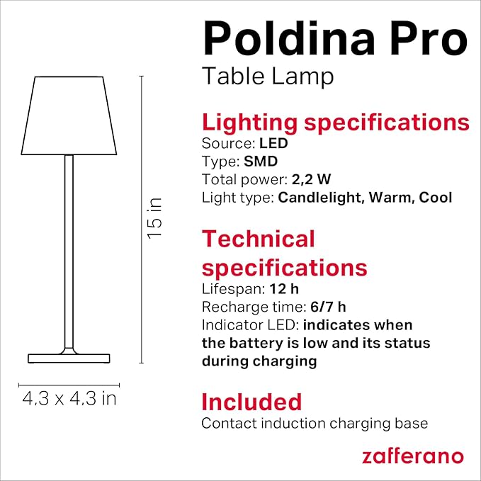 Zafferano, Poldina Pro Lamp, Rechargeable Cordless Table Lamp with Touch Controls, Suitable for Indoor and Outdoor, Dimmer, 2200-3000 K, Height 14.9 Inches, Dark Gray Color