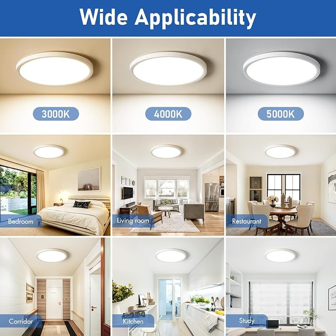 6 Pack 12 Inch Hardwired Dimmable LED Flush Mount Ceiling Light Fixtures, 24W 2640LM 3000K/4000K/5000K, House Upgrade Led Lights for Bedroom Hallway Laundry Room Rental Units, 240W Equiv., Black