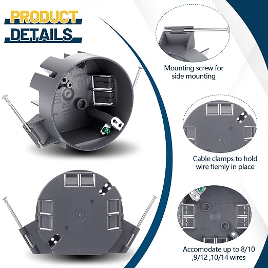Tellegloww 6 Pcs Round Ceiling Electrical Box, 20 Cu in PVC Junction Box with Grounding Lug and Screws, Light Fixture and Ceiling Fan Installation for New Work Applications (Gray)