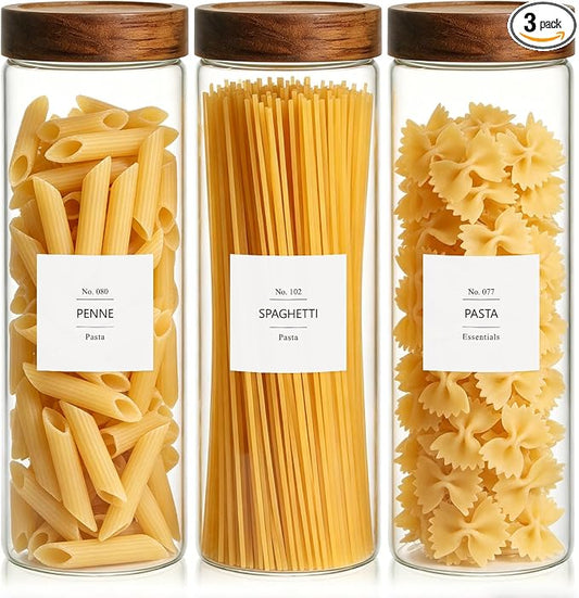 KEYWING 64 fl.oz Pasta Containers Set of 3, Glass Spaghetti Container Storage with Airtight Acacia Wood Lid, Tall Food Storage Jars, Clear Pantry Organizers for Cereal, Bread-sticks, Noodles