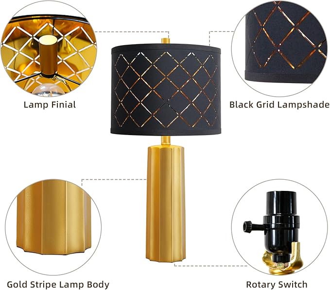 Set of 2 Modern Table Lamps for Living Room Bedroom, Gold Nightstand Resin Lamps with Black Grid Shade, Contemporary Desk Lamps for Bedside End Tables, 2 Bulbs Included (Gold)