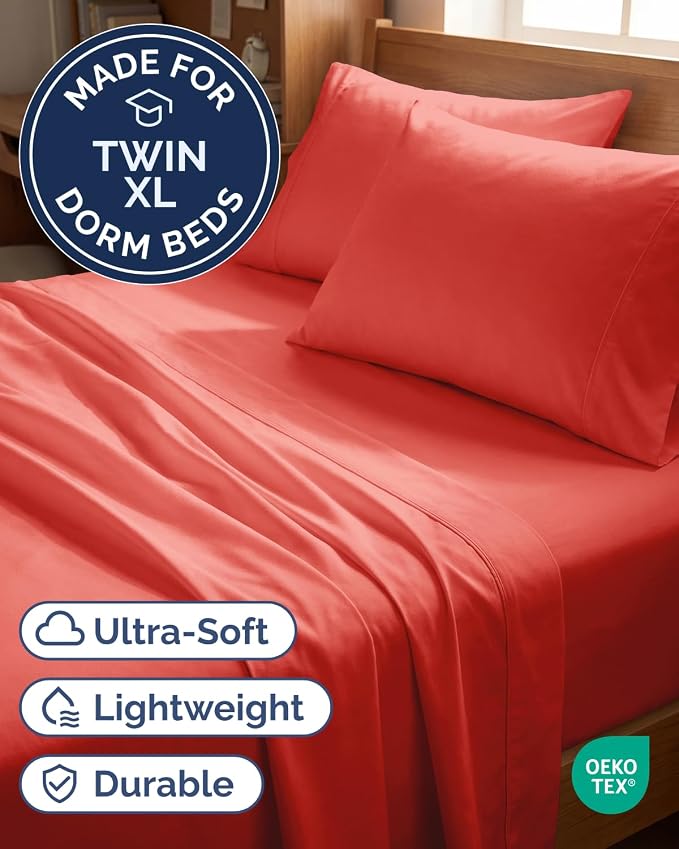 Twin XL 4 Piece Sheet Set - Comfy Breathable & Cooling - Ultra Soft Hotel Luxury Bedding Set w/ 8-16 Inch Deep Pockets - 1 Flat & 1 Fitted Sheet & 2 Pillowcases - Wrinkle Free and Easy Care - Coral