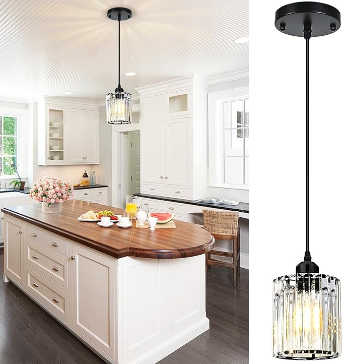 1-Piece Pendant Lights Kitchen Island, Elegant Modern Island Lights for Kitchen with Crystal Glass – Luxury Kitchen Hanging Light for Kitchen Island, Dining Table, Entryway, Restaurant
