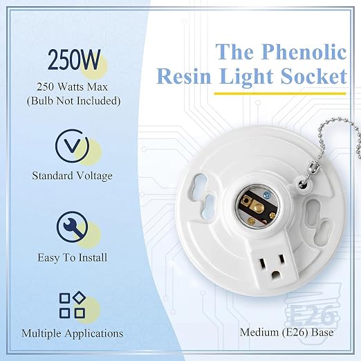 6 Pack Light Socket with Outlet and Pull Chain Light Fixture, Bulb Socket with Grounded Outlet, E27/e26 Base, Box Mount for Indoor Garage Closet Lighting (Phenolic Resin)