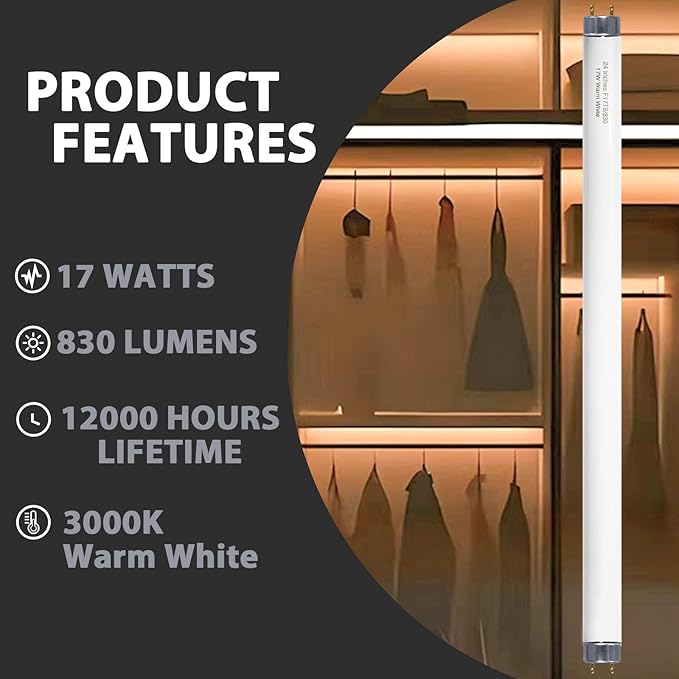 Konideke 24 inch F17T8/830 17 Watts Light Bulb Warm White, 2 Foot Straight Fluorescent Tube T8 Tube Light F17T8/WW, 1500 Lumen G13 Medium Bi-Pin Cap 8 Pack