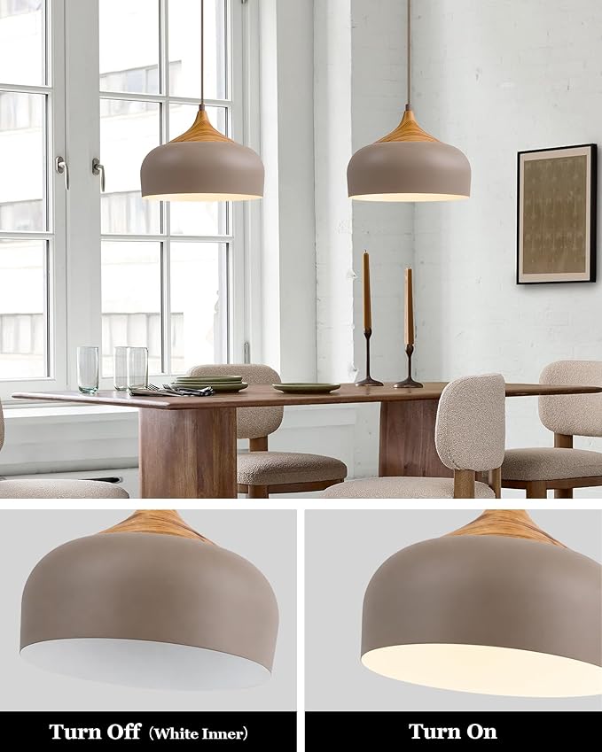 ELYONA 12 Inch Japandi Pendant Light, Farmhouse Pendant Light Fixture with Faux Pine Wood Grain Metal Shade, Adjustable Hanging Light for Kitchen Island Dining Room Bedroom Sloped Ceiling, Dark Brown