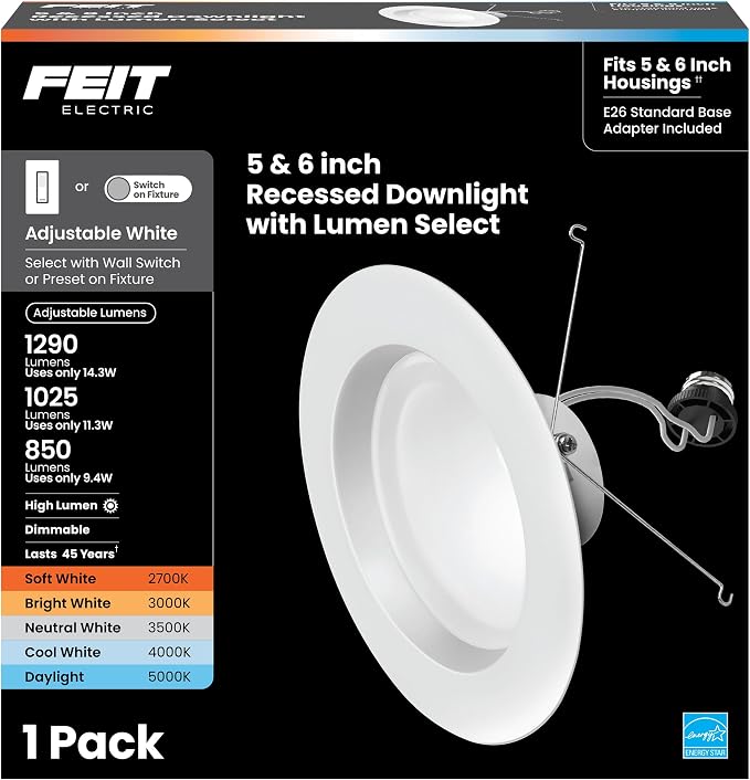 Feit Electric 5/6 Inch LED Recessed Downlight, Adjustable White 2700K–5000K, Adjustable Brightness 850/1025/1290 Lumens, Dimmable Retrofit Kit, 90+ CRI, E26 Adapter Included, LEDR56HO/6WYCA/6, 6 Pack