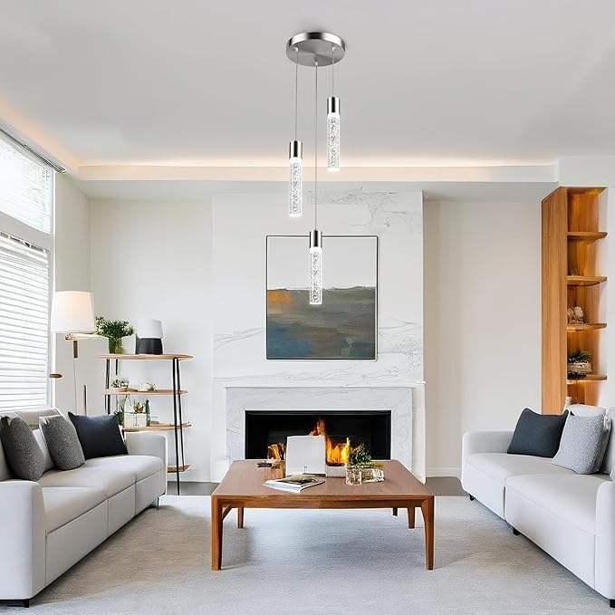 Pendant Lights Kitchen Island, 6500K Modern Kitchen Island Lights Brushed Nickel, Ceiling Lighting Fixtures with Crystal Bubble, Integrated LED Hanging Light for Dining Room 1 Pack(3-Light)