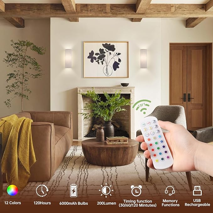 Shenmoyl Adhesive Battery Operated Wall Sconce Set of 2, 6000 mAh Battery Rechargeable Bulb with 12 RGB Colors, Stick on Wall Sconce No Drill Wall Lights, Linen