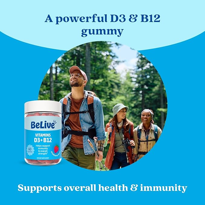 Gummies BeLive Vitamine D3 avec Vitamines B12 - 60 unités I Gommes de soutien immunitaire avec Vitamines B12 et D3 végétaliennes, pour des os et des muscles plus forts, la santé cardiaque et l'énergie - Saveur Fraise