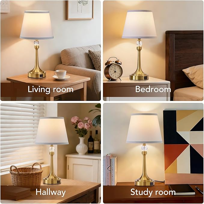 19.7'' Touch Table Lamps for Living Room, Small Lamp for Bedroom with USB C+A Ports, Dimmable Touch Lamps Set of 2, Reading Desk Lamp for Office, Metal Bedside Lamps, Bulbs Included, Gold