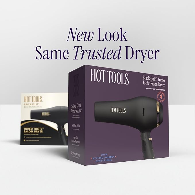 Hot Tools Pro Artist Black Gold 2100 Turbo Ceramic Blow Dryer, Lightweight Ionic Hair Dryer with 1875 Watts for Fast Drying, 6 Heat Speed Settings, Cool Shot, Diffuser, Concentrator