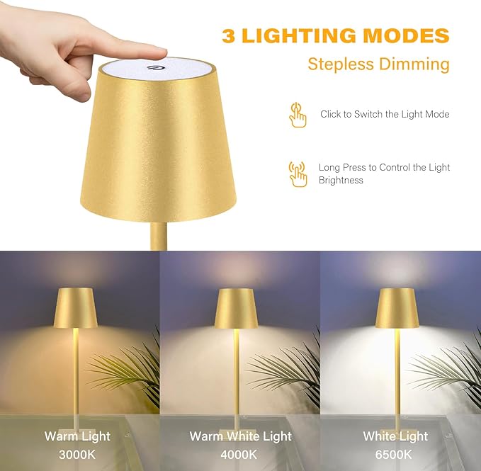 CHLORANTHUS 2 Pack Cordless Table Lamps, 3 Colors Stepless Dimming, 5000mAh Rechargeable Battery LED Desk Lamp for Bedroom/Couple Dinner/Desk/Cafe/Dining Room/Terrace