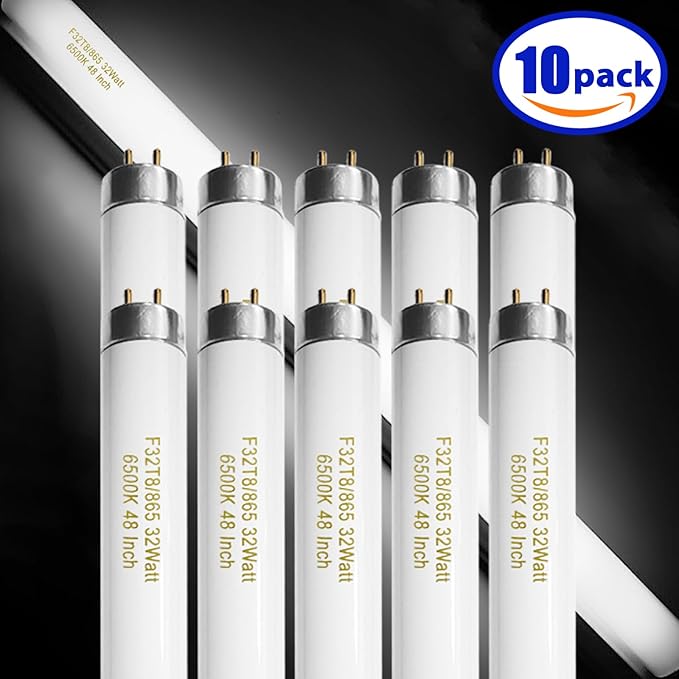 Konideke 10 Pack, F32T8/865 Fluorescent Light Bulb 48 Inch Daylight 32 Watt, T8 Fluorescent Bulb 4 Foot, 2800 Lumens G13 Medium 6500K Bi-Pin Base