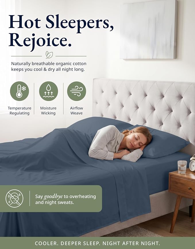 LANE LINEN 100% Organic Queen Size Fitted Sheet(+Pillowcases), Soft & Comfy Fully Elasticized Naturaly Temperature Regulating for Hot Sleepers Deep Pocket Fits Mattress Upto 15"- Estate Blue
